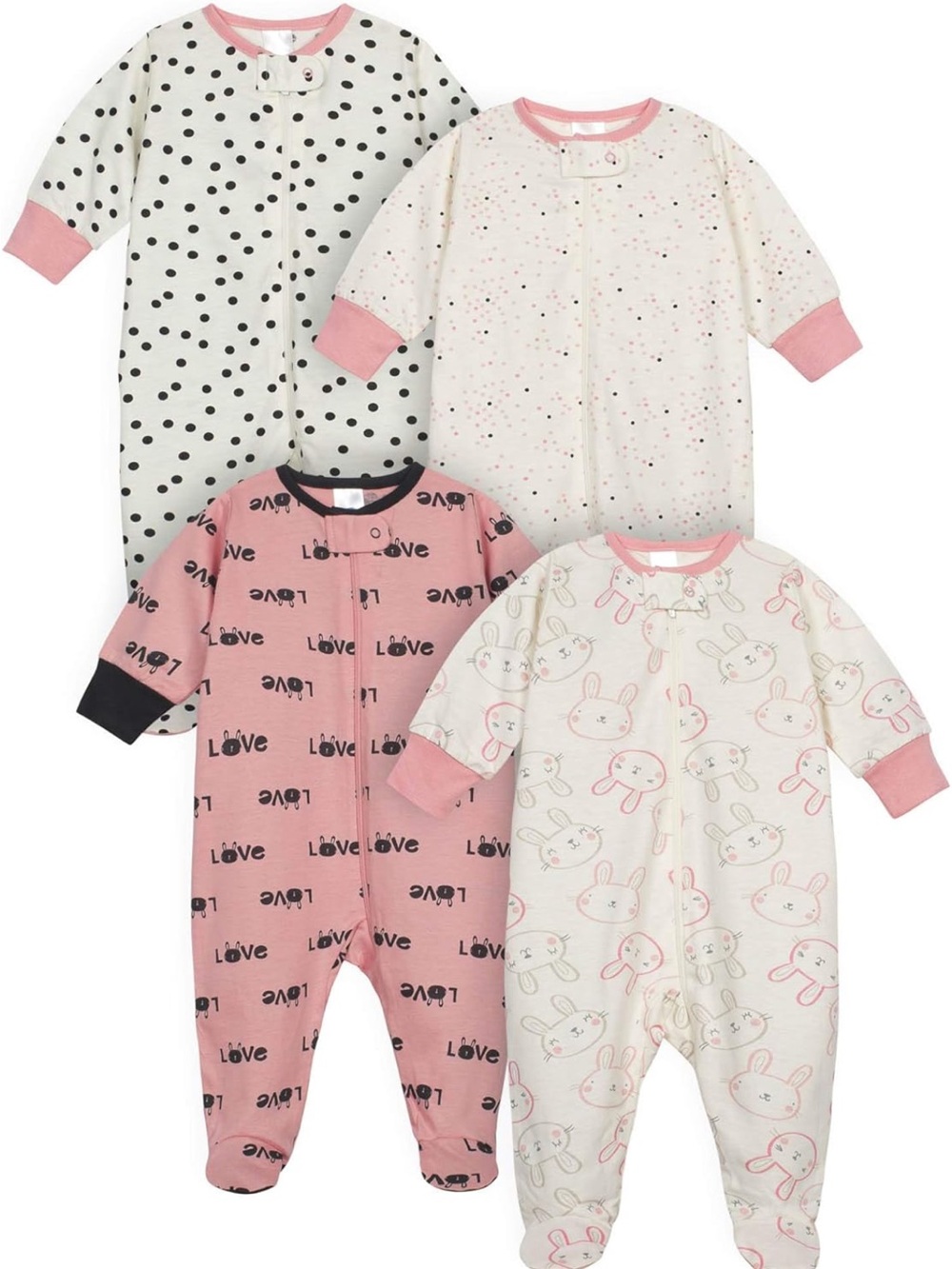 Baby Girls 4-Pack Pink & White Footed One-Pieces